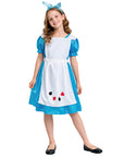 Child wearing a blue and white dress with a headband on a white background