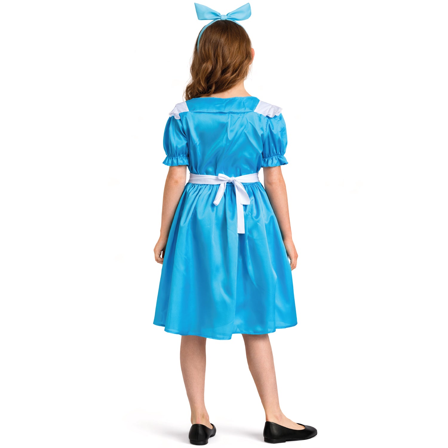 Child wearing a blue dress with a white belt on a white background