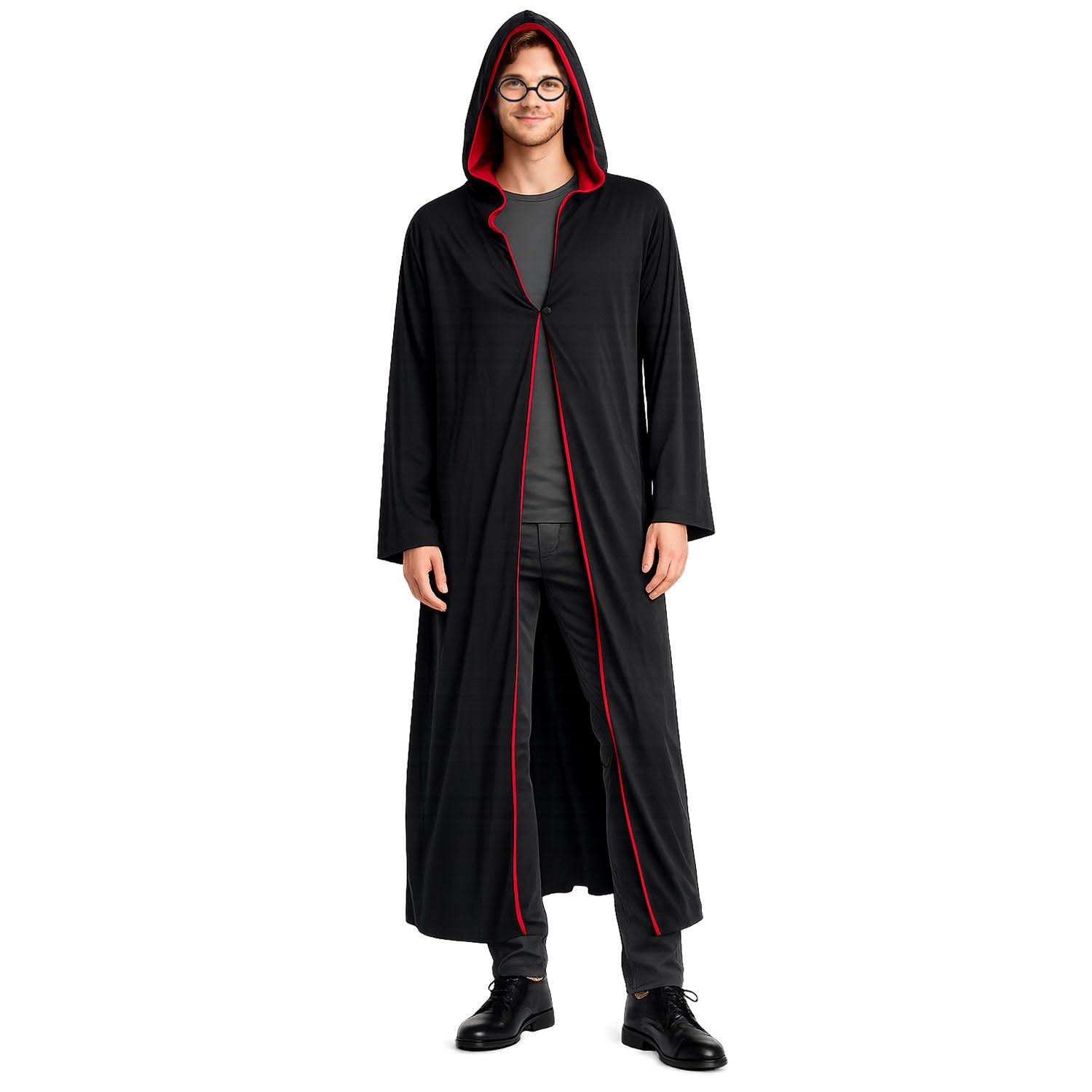 A man modeling a long black hooded robe with red lining, worn over a gray shirt and dark pants, against a plain white studio background.