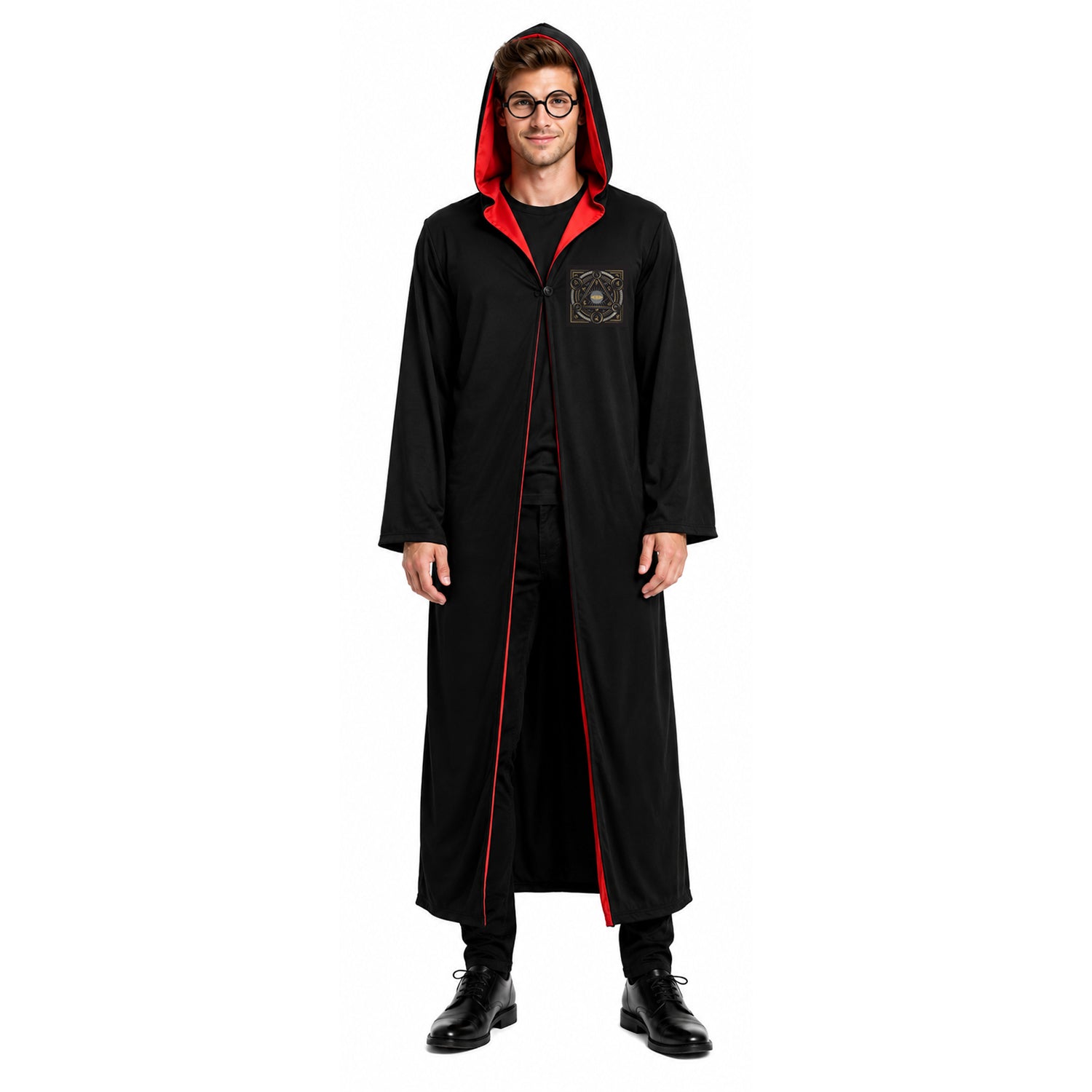Person wearing a black robe with red trim on a white background