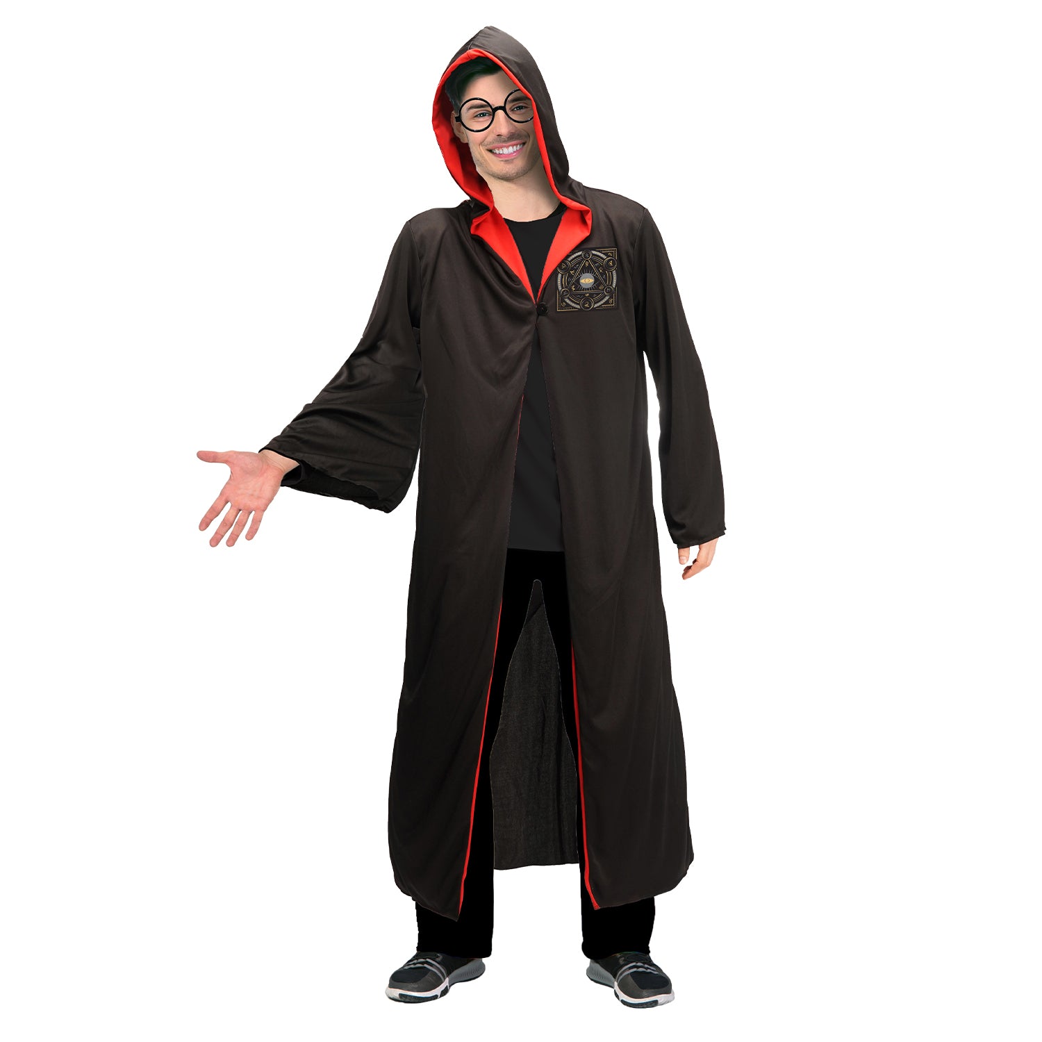 Person wearing a black hooded robe with red trim on a white background