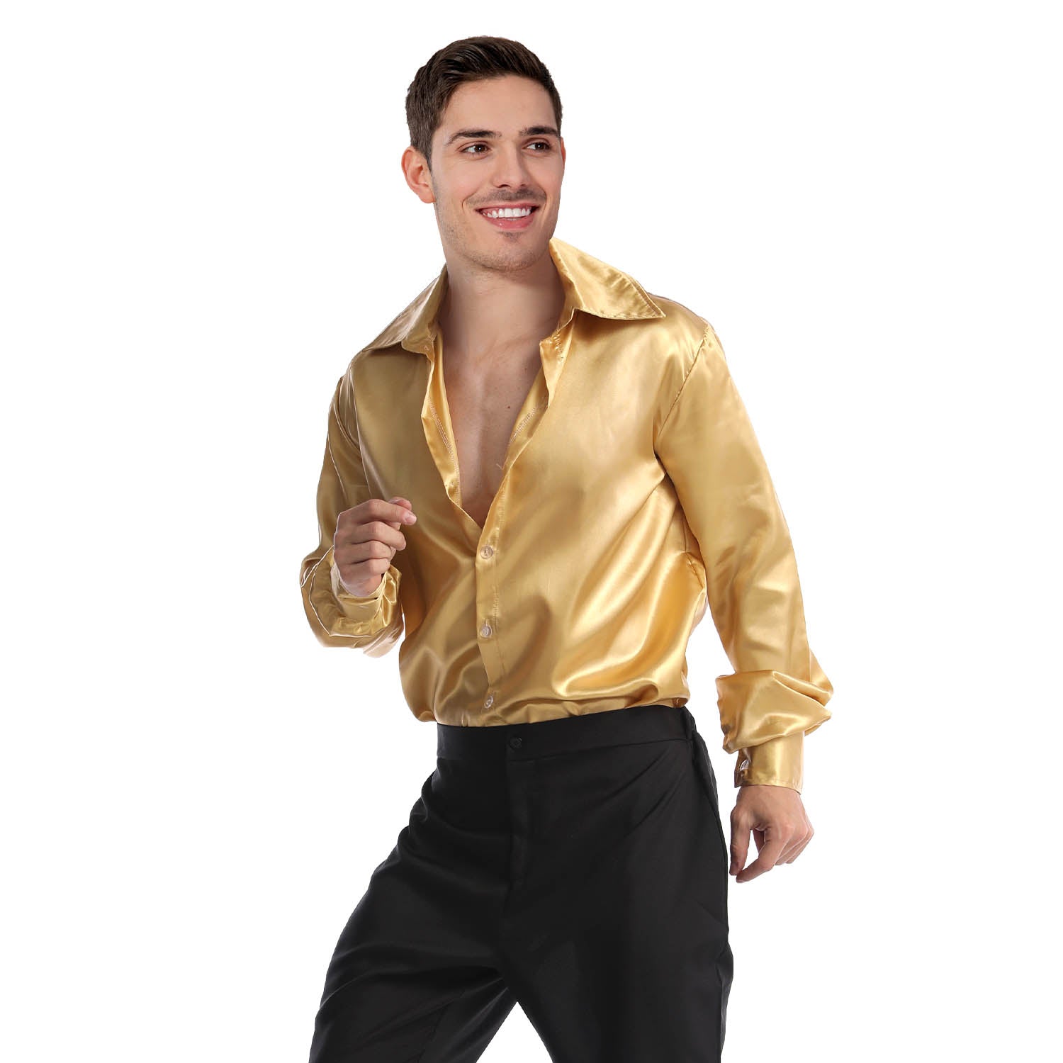 A man wearing a shiny metallic gold long-sleeve button-up shirt and black pants, posing against a solid white background.