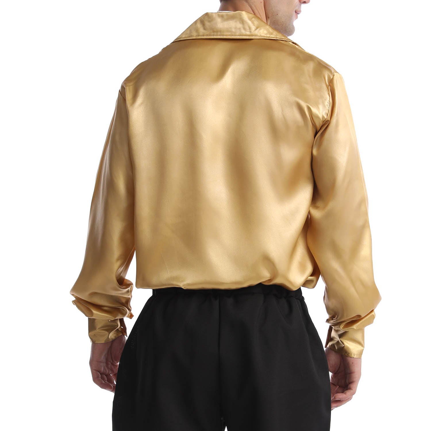 A man wearing a shiny gold satin long-sleeve shirt and black pants, shown from the back against a plain white background.