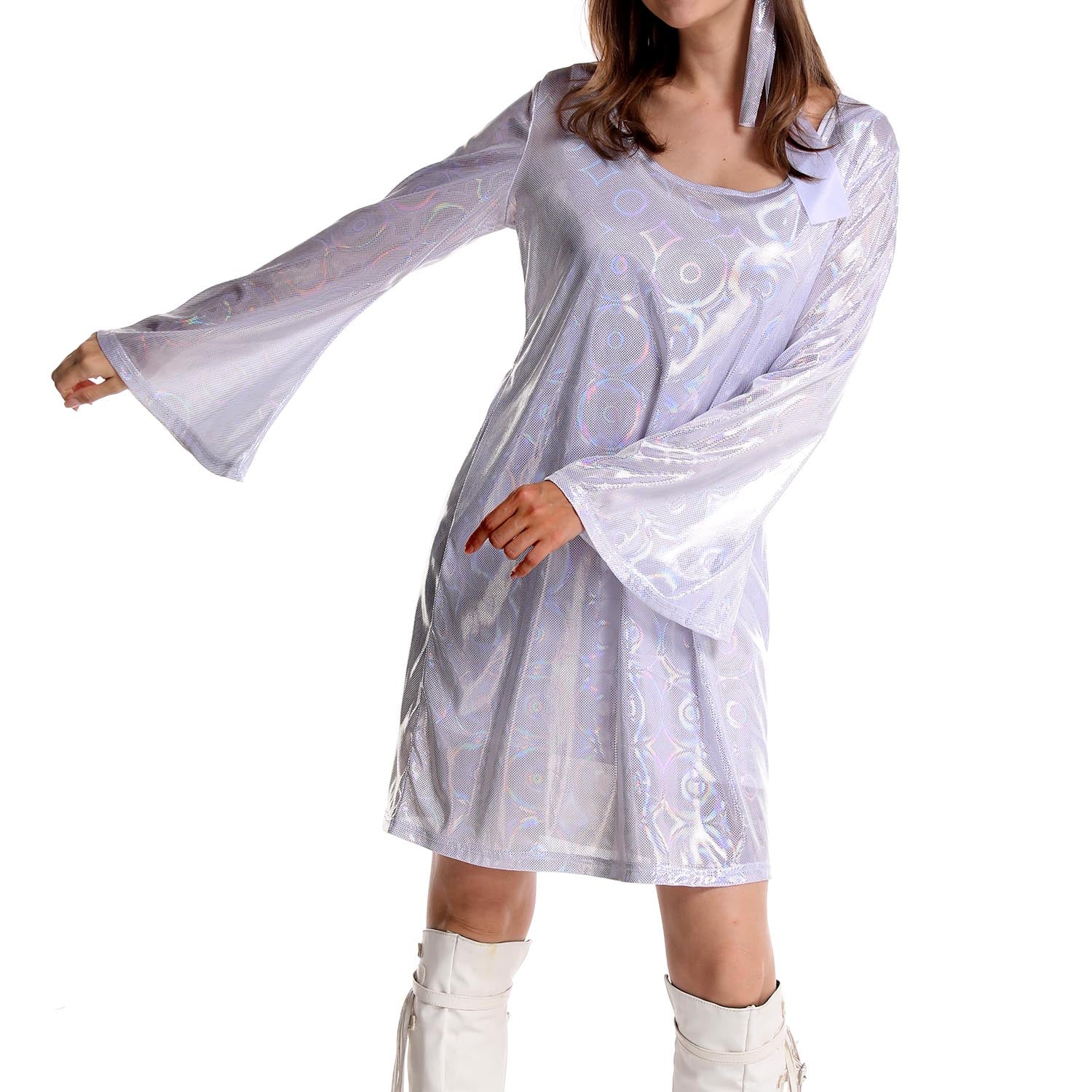 Woman wearing a silver 70s disco dress with long sleeves on a white background