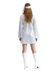Person wearing a silver 70s disco vintage-style dress with long sleeves and a headband on a white background