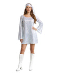 Woman wearing a silver 70s disco dress with long sleeves and a headband on a white background