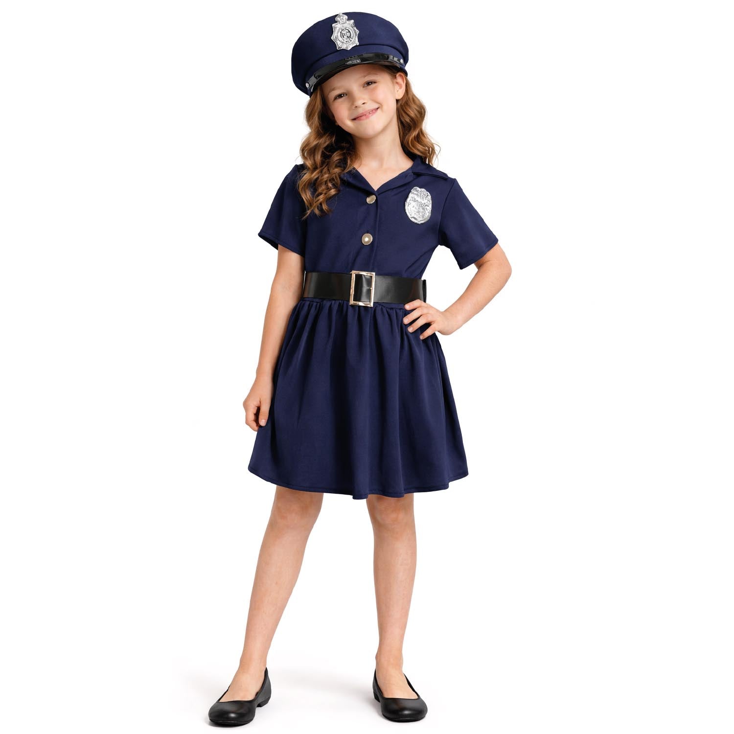 Child wearing a police costume with a dress and hat on a white background
