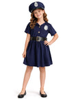 Child wearing a police costume with a dress and hat on a white background