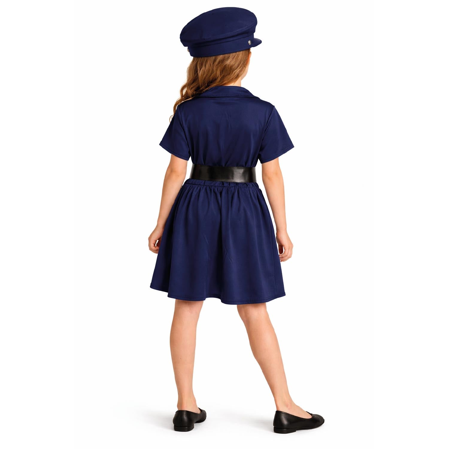 Navy blue dress with a hat worn by a child on a white background