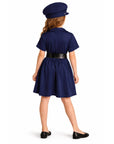 Navy blue dress with a hat worn by a child on a white background