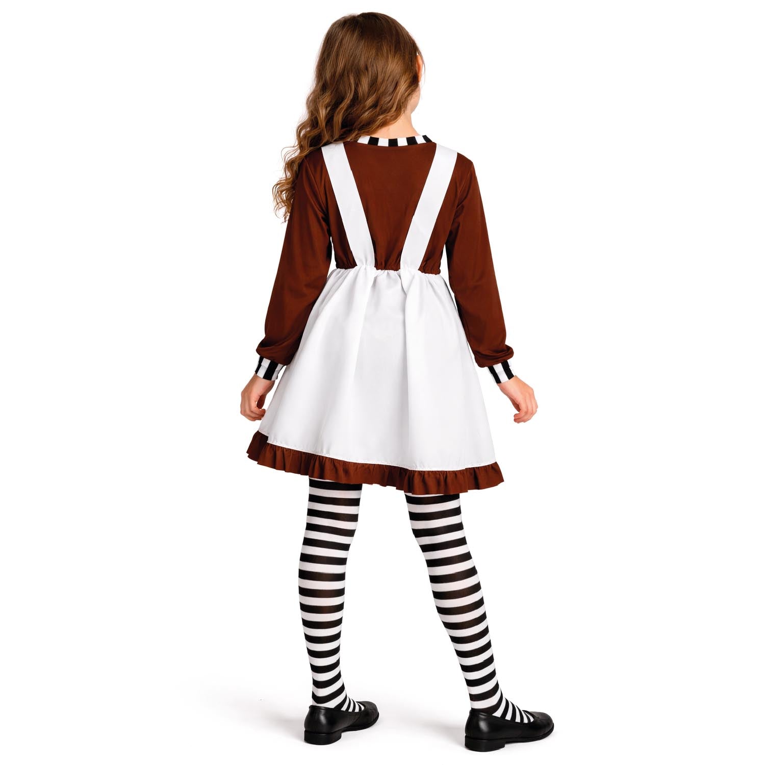Person wearing a brown and white dress with suspenders on a white background