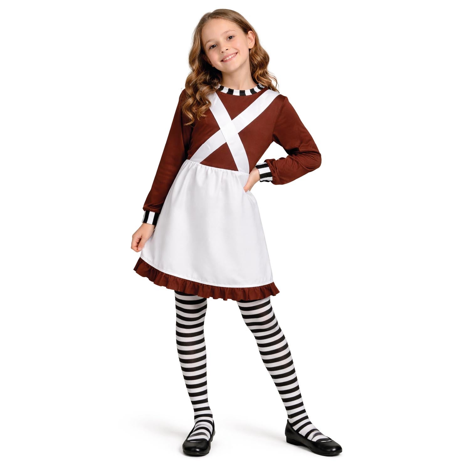 Young girl wearing a costume with a white apron, brown top, and black and white striped tights on a white background.