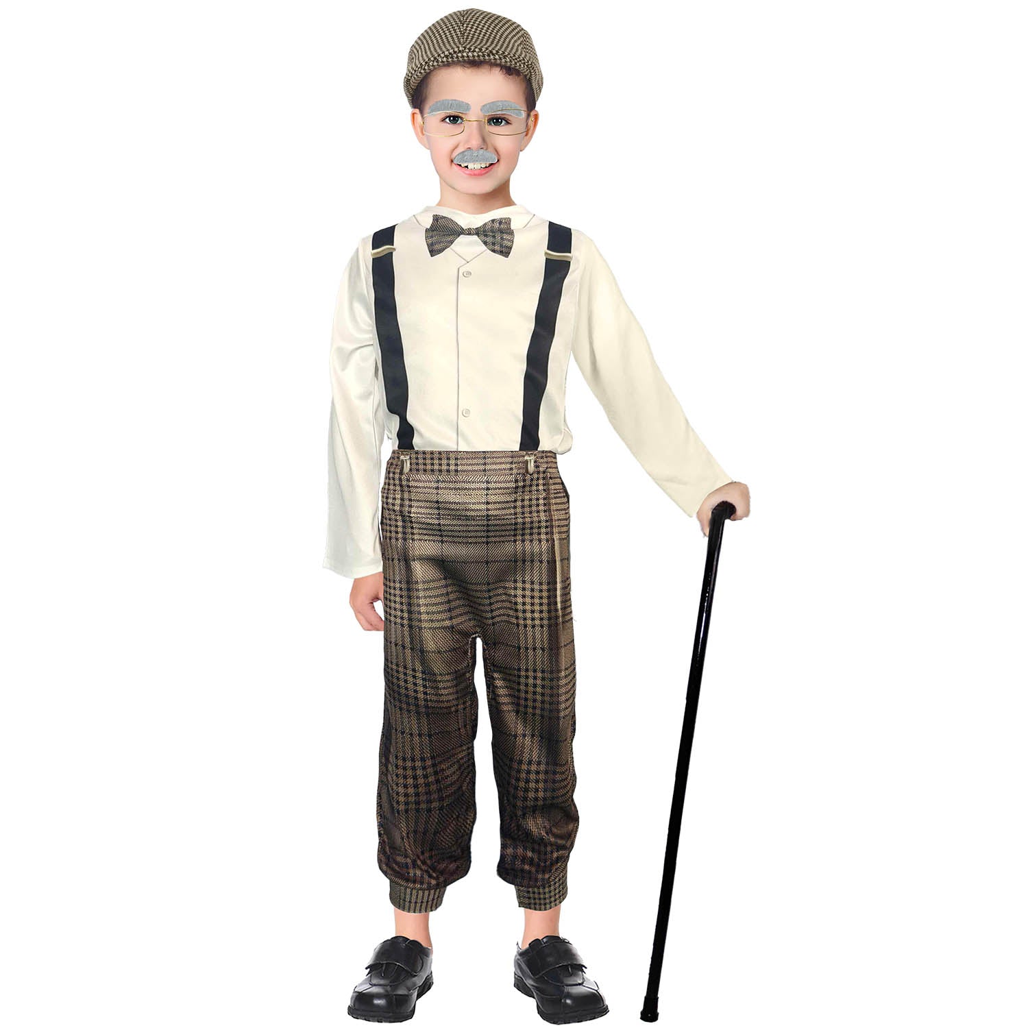 Child in a vintage costume with suspenders, bow tie, and cane on a white background