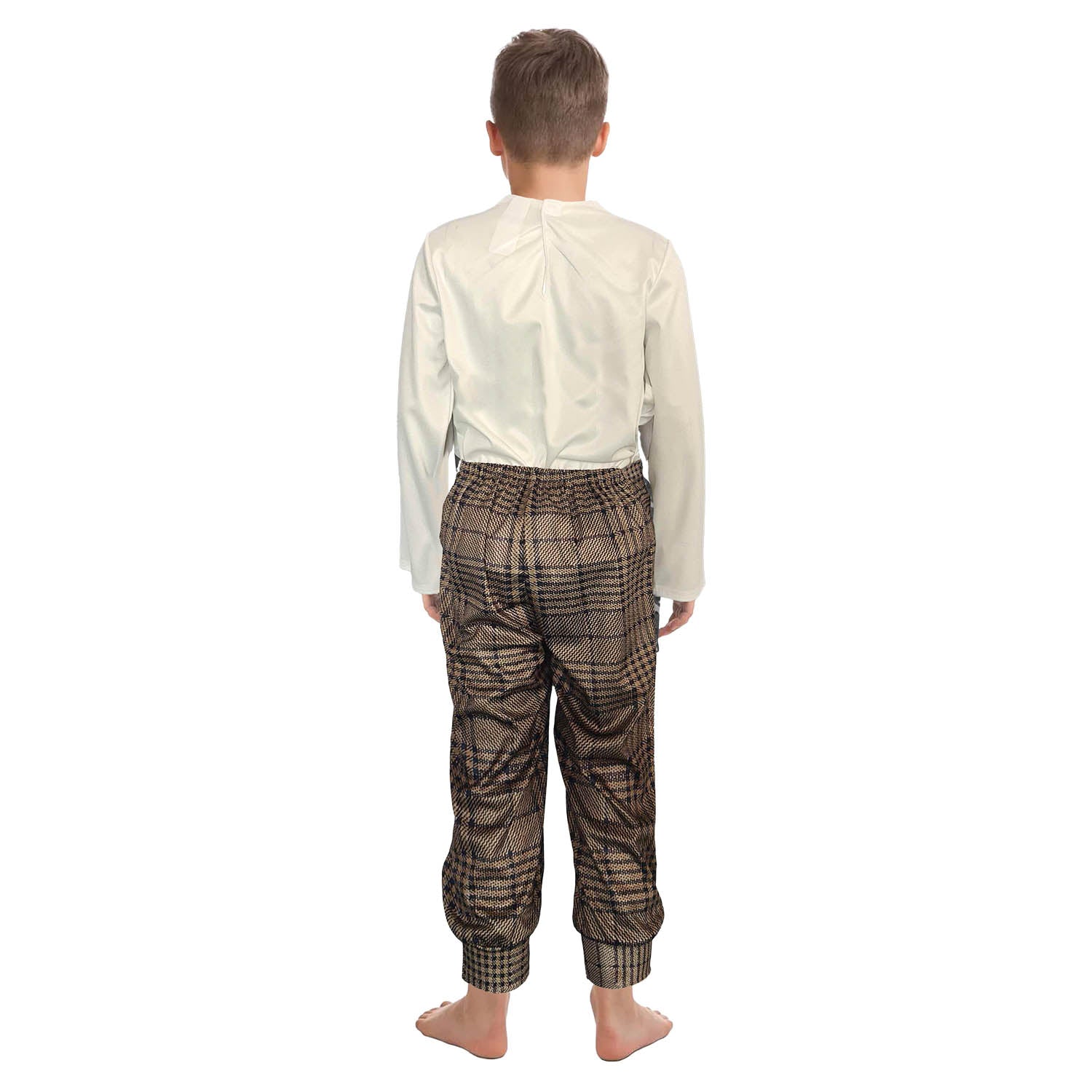 Person wearing a white shirt and patterned pants on a white background