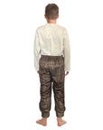 Person wearing a white shirt and patterned pants on a white background