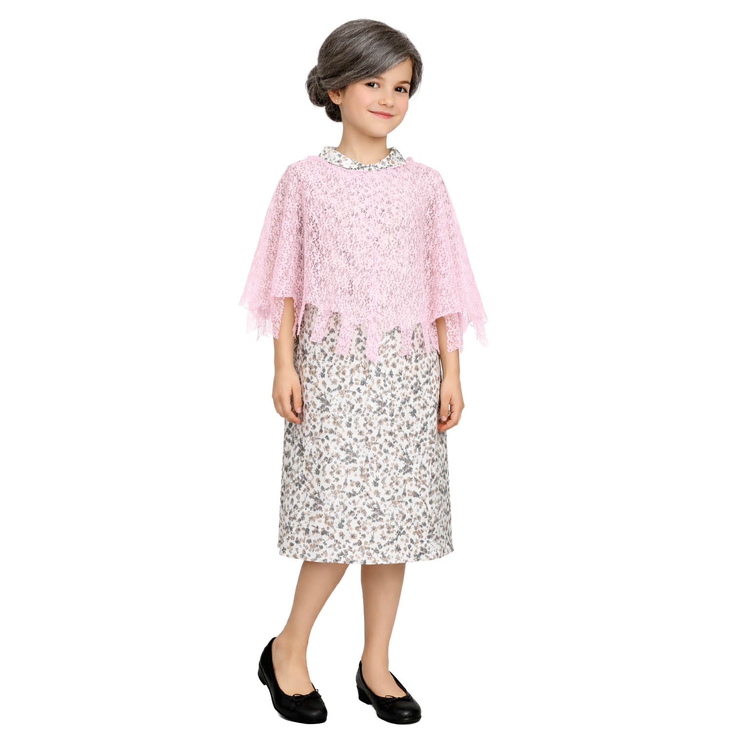 Young girl wearing a grandma costume with pink lace shawl top and floral dress on a white background