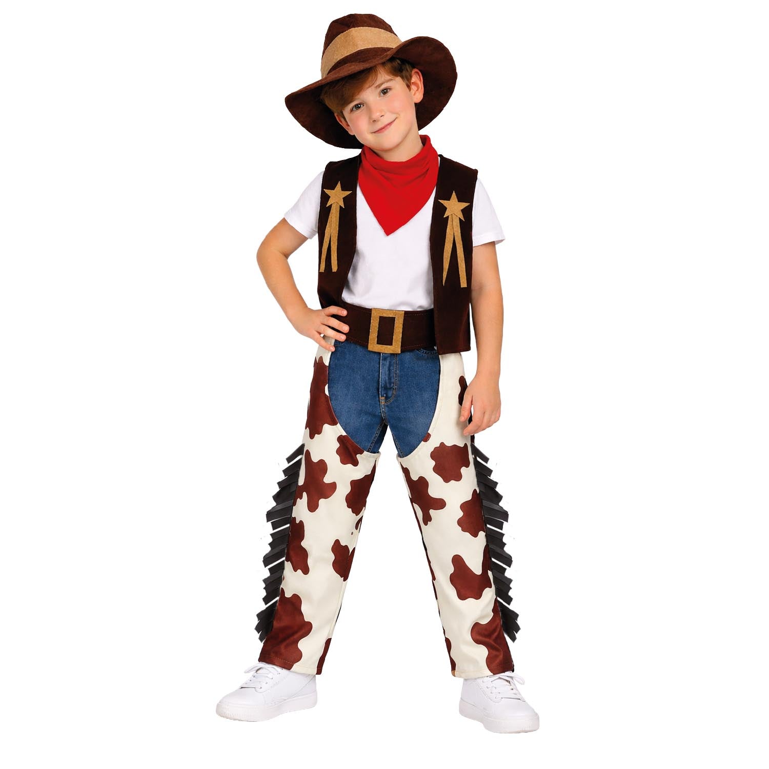 Child wearing a cowboy costume with a vest, hat, and chaps on a white background