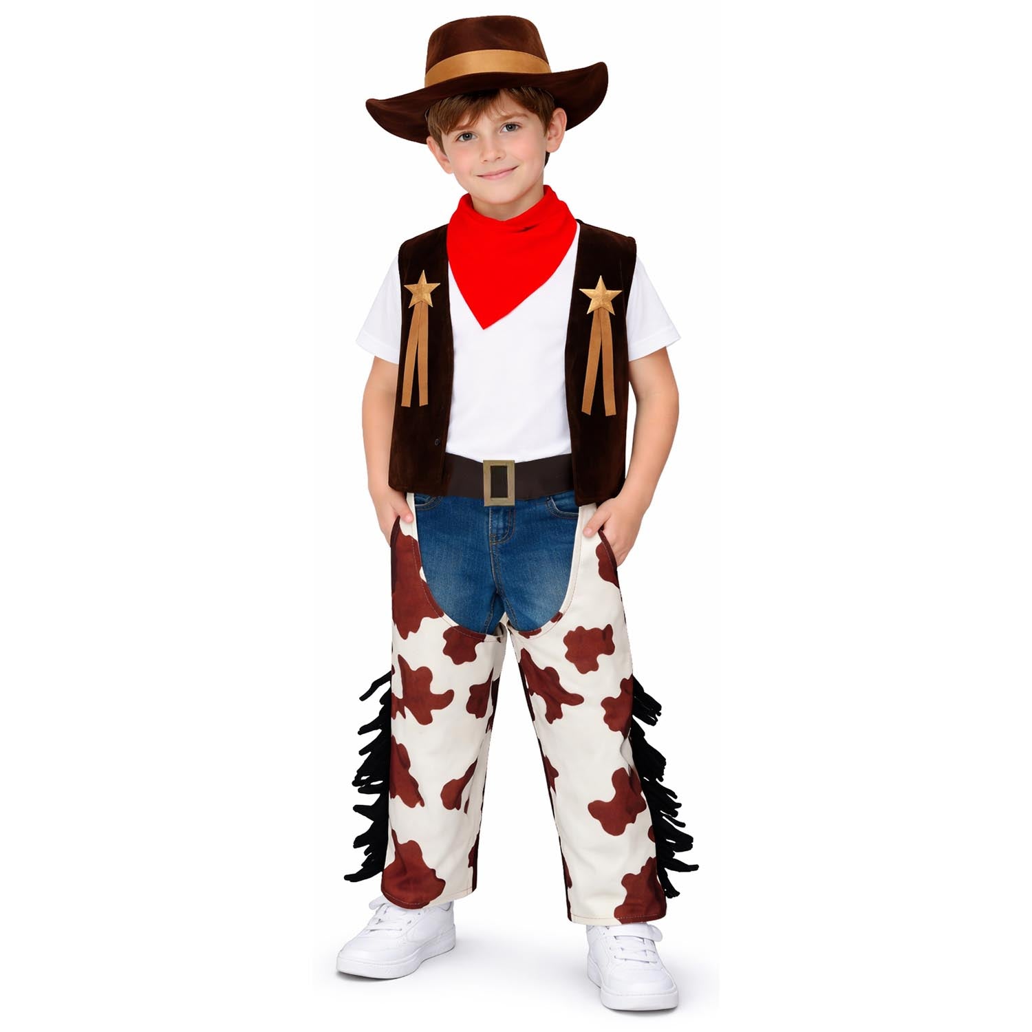 Child wearing a cowboy costume with vest, shirt, pants, and hat on a white background
