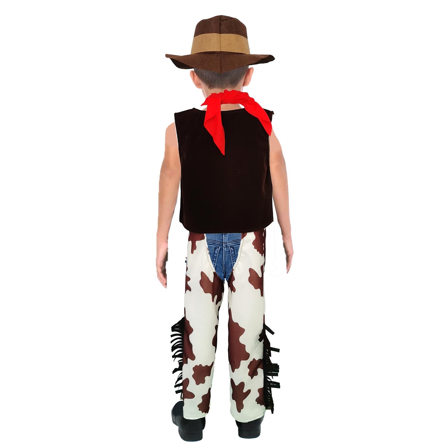 Child wearing a cowboy costume with a hat, black vest, red bandana, and cow print pants on a white background.