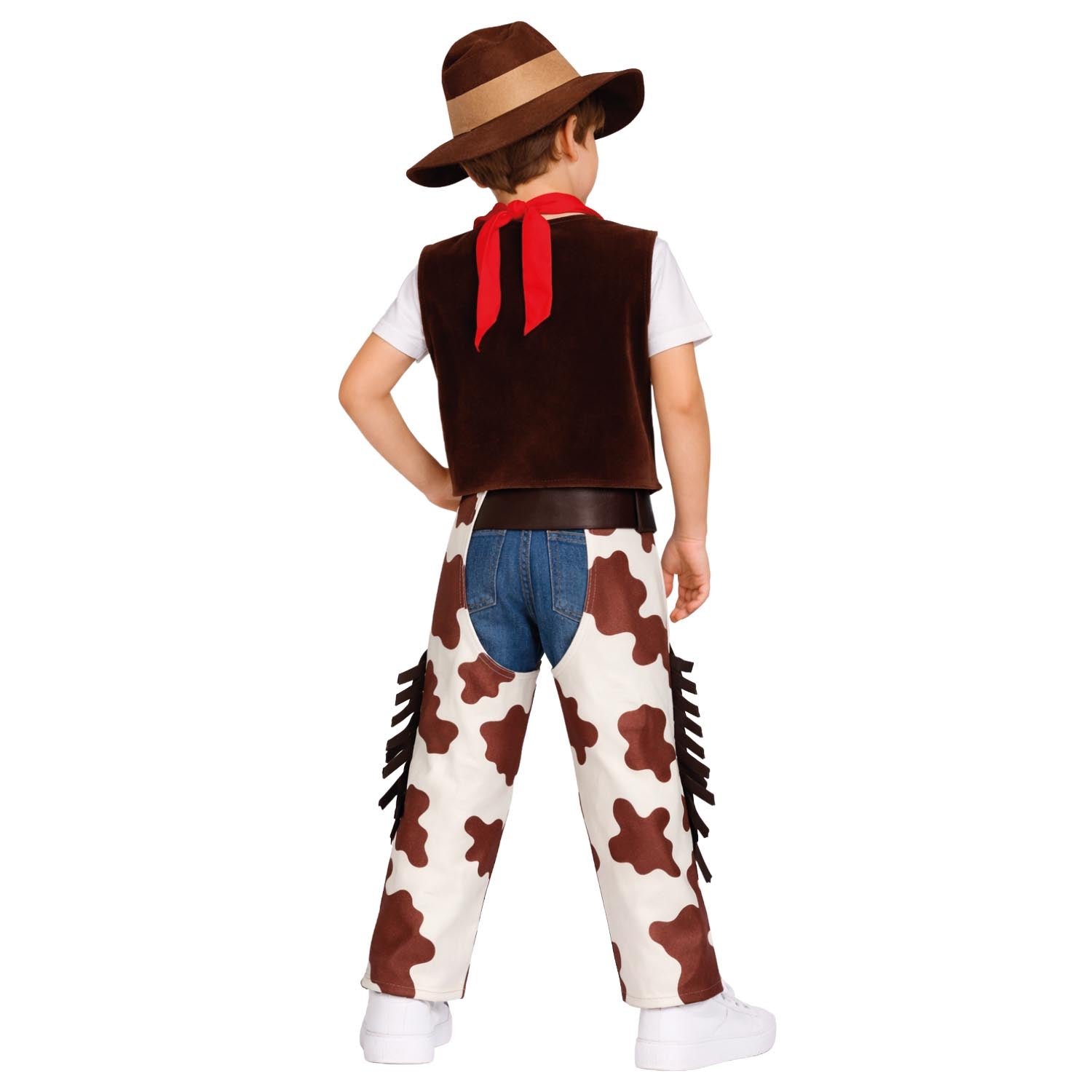 Child wearing a cowboy costume with a vest, hat, and patterned pants on a white background
