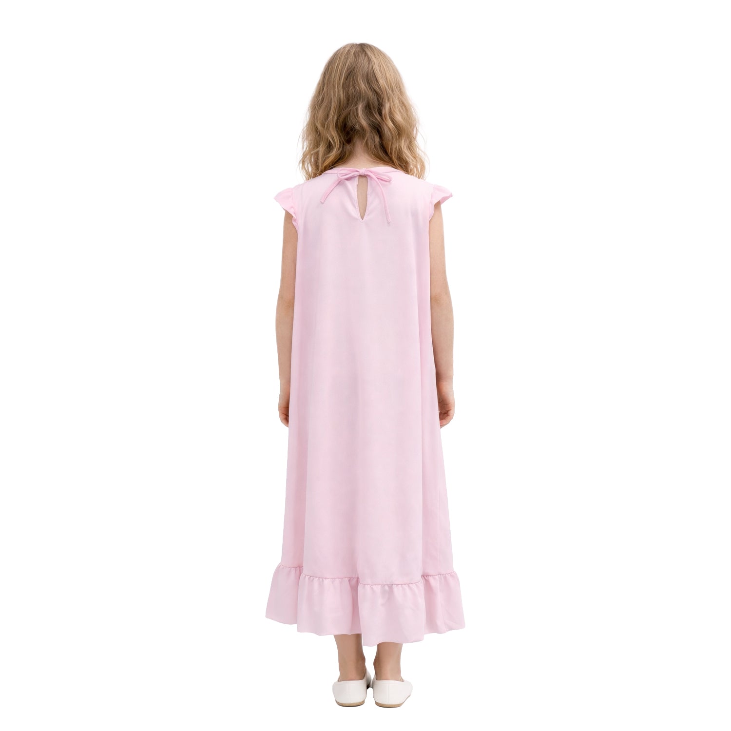 Pink dress with ruffled hem on a white background