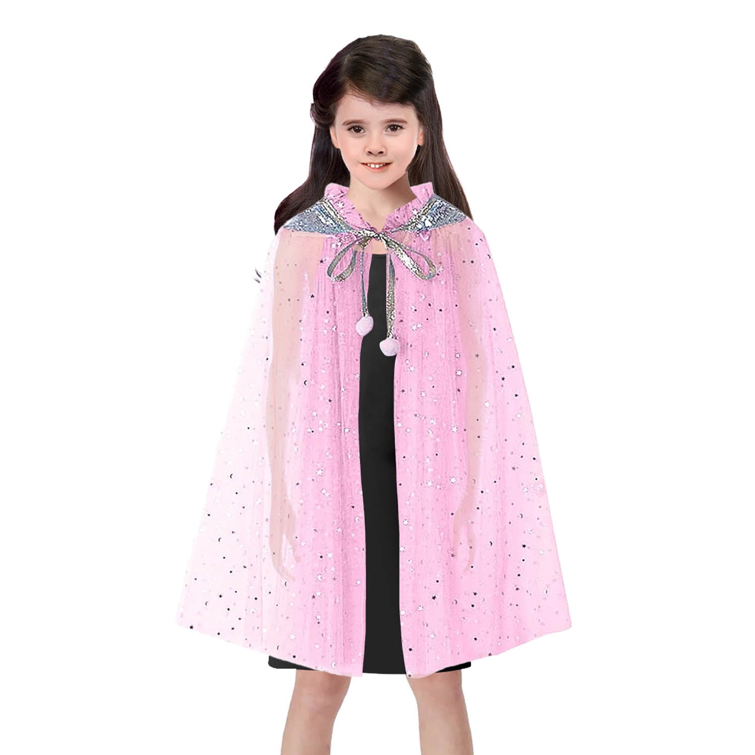 Child wearing a pink cape with decorative trim on a white background