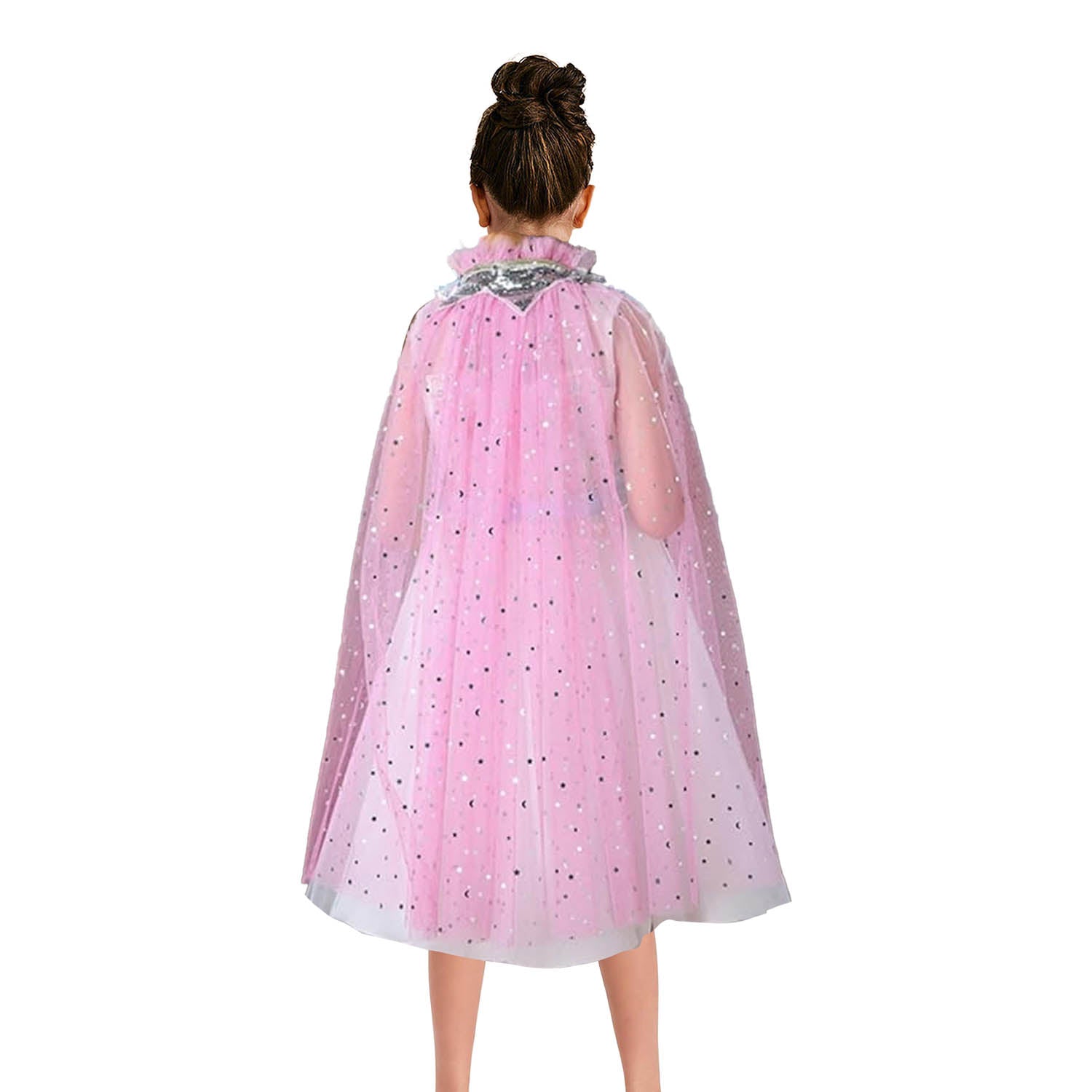 Pink cape with star patterns worn by a person on a white background