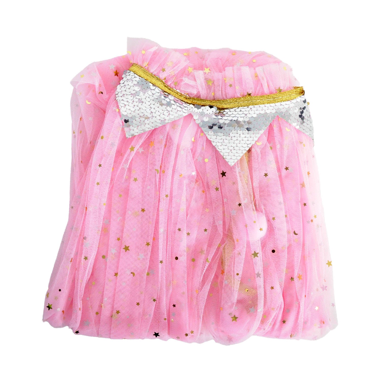 Pink tulle cape folded with a sequin collar on a white background