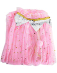 Pink tulle cape folded with a sequin collar on a white background