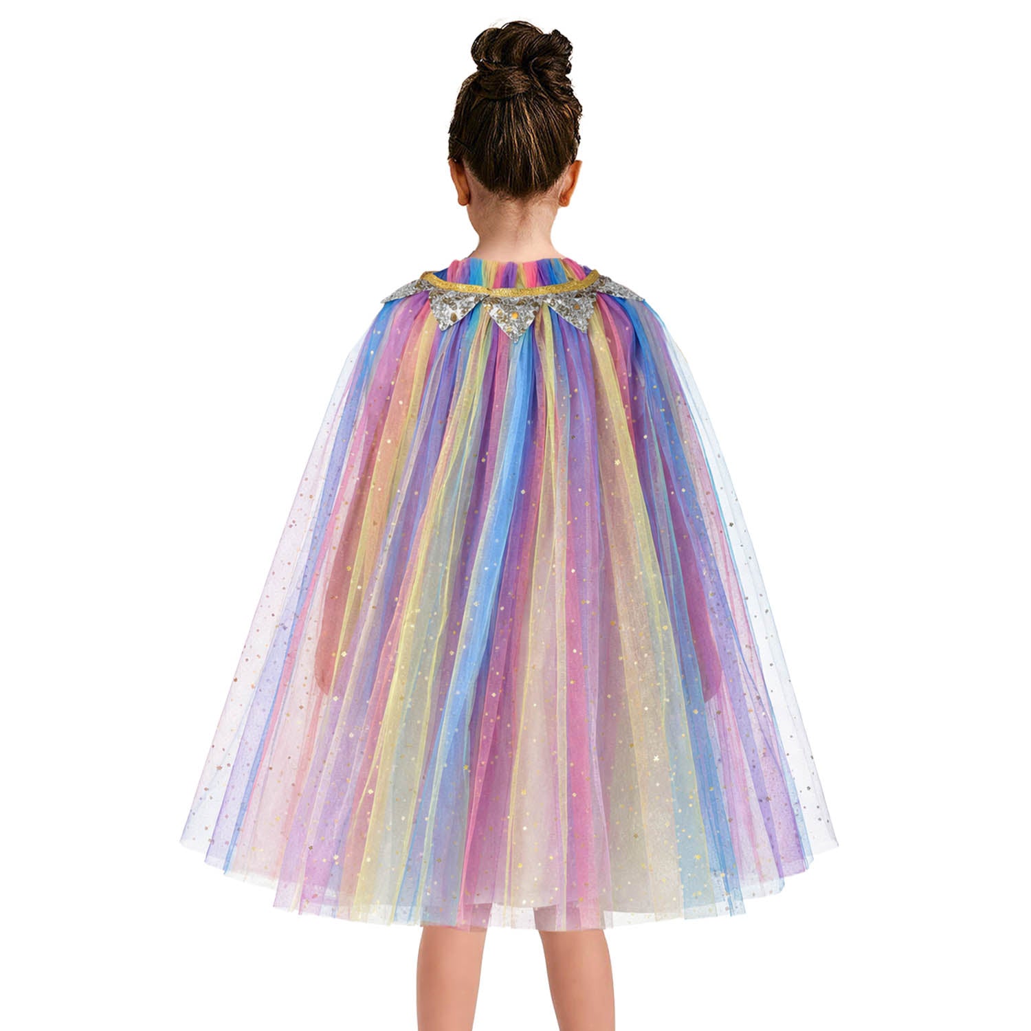 Pastel rainbow-colored cape with sparkles on a white background