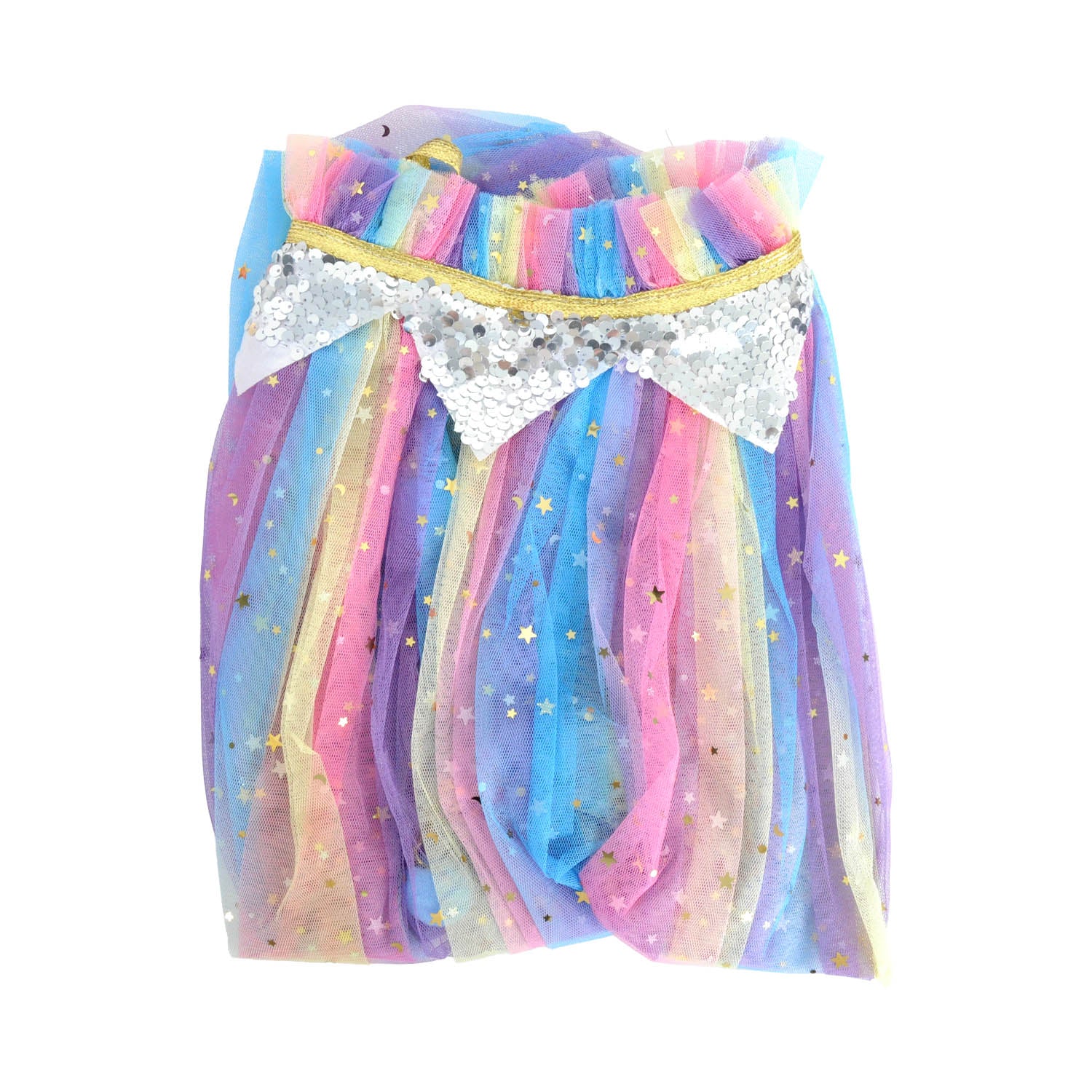 Pastel rainbow-coloured, folded, tulle cape with a bow on a white background