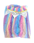 Pastel rainbow-coloured, folded, tulle cape with a bow on a white background