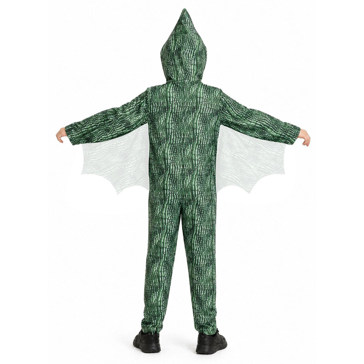 A child wearing a green dragon or lizard costume with textured scales, white mesh wings, and a hood, shown from the back against a plain white background.