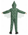 A child wearing a green dragon or lizard costume with textured scales, white mesh wings, and a hood, shown from the back against a plain white background.