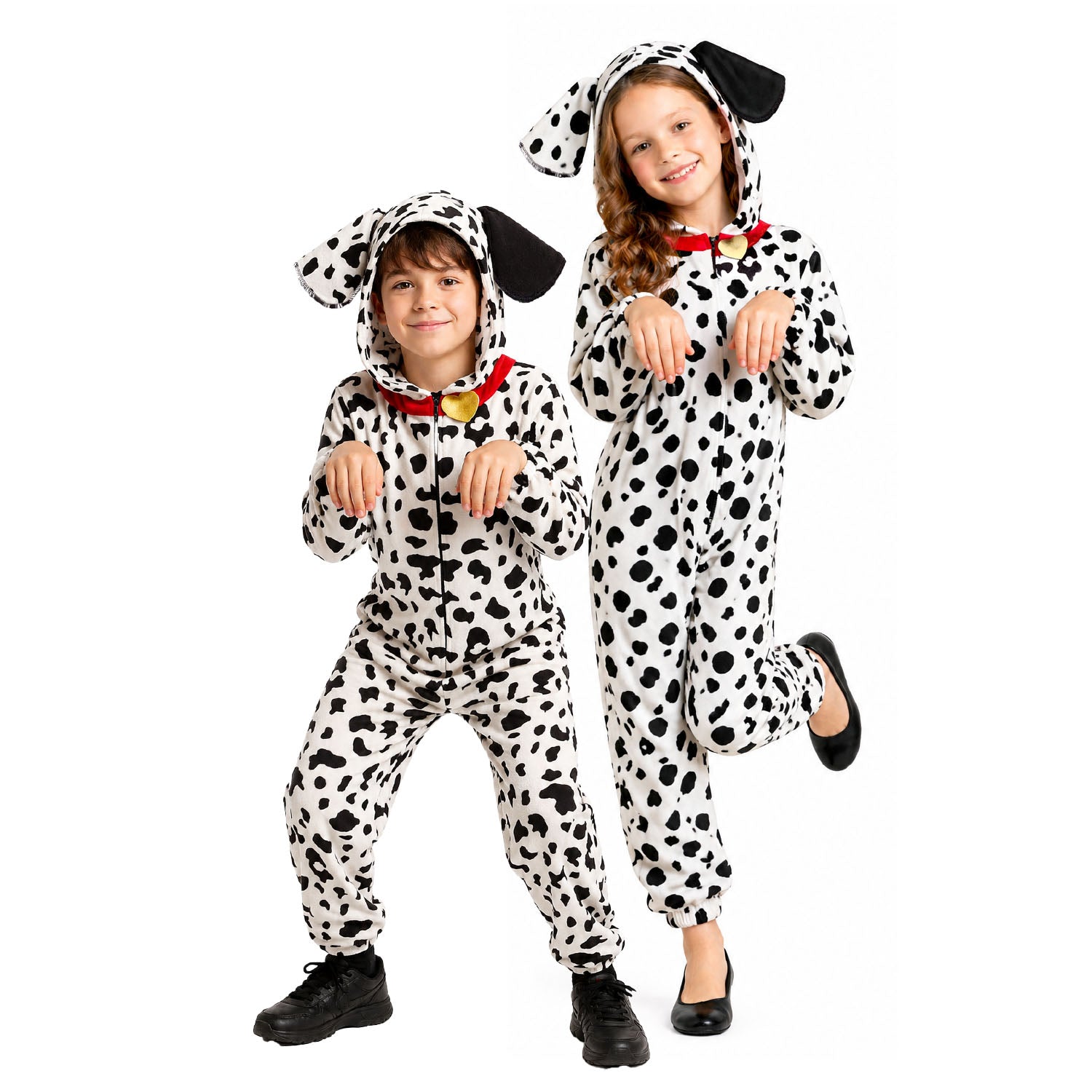 Two children modeling matching Dalmatian-print hooded one-piece costumes against a plain white background.