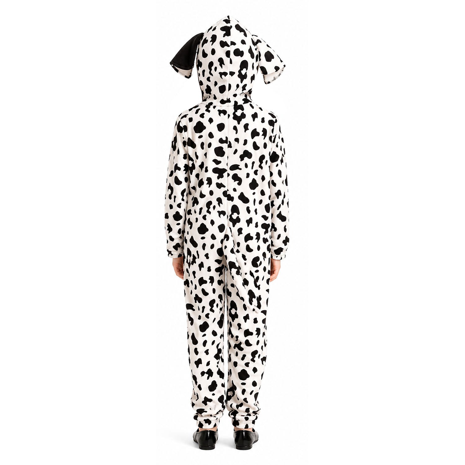 A child viewed from the back wearing a Dalmatian-print hooded one-piece costume with floppy dog ears, shown against a plain white studio background.
