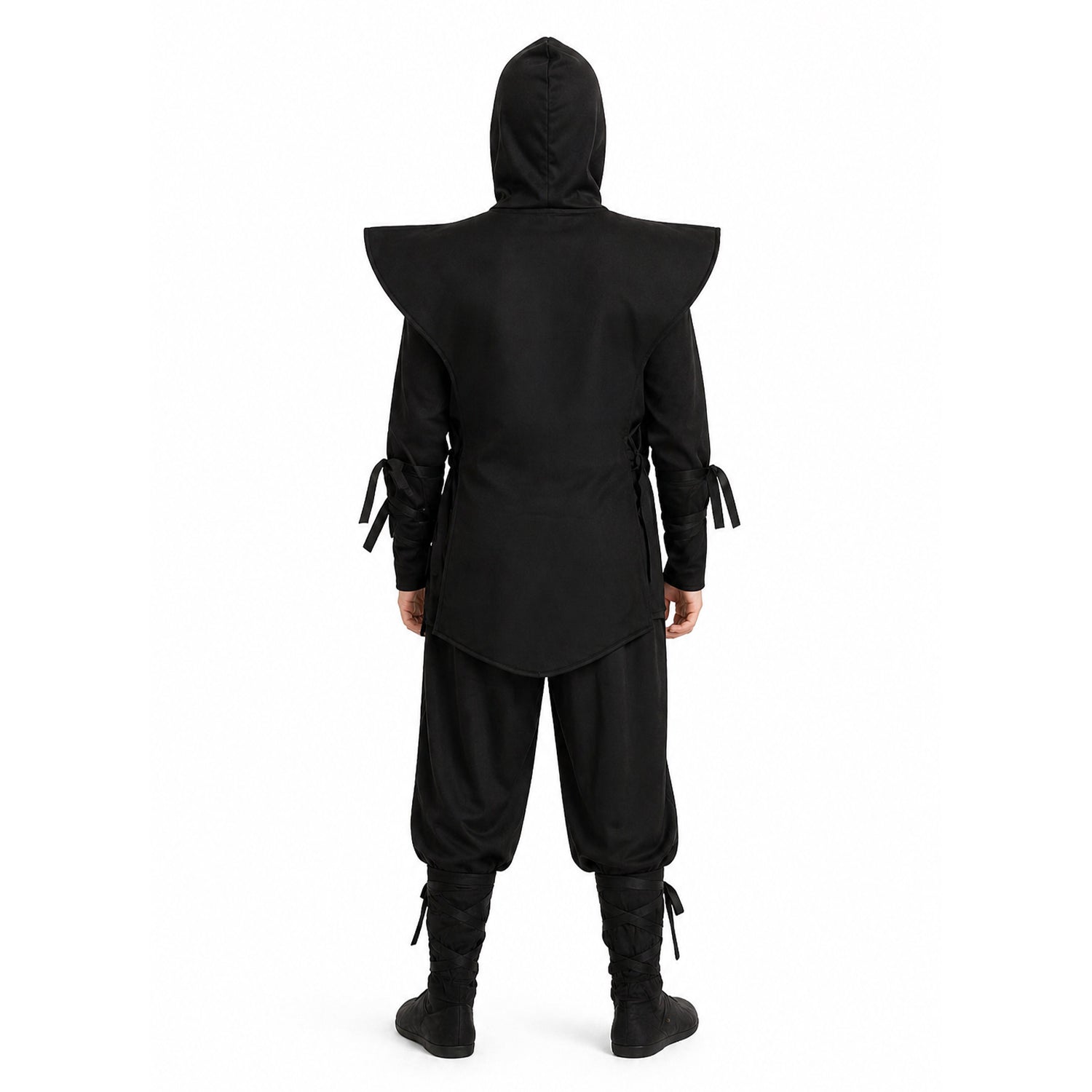 A person shown from the back wearing a black ninja-style costume with a hood, shoulder armor, tied sleeves, loose pants, and tall boots on a plain white background.