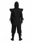 A person shown from the back wearing a black ninja-style costume with a hood, shoulder armor, tied sleeves, loose pants, and tall boots on a plain white background.