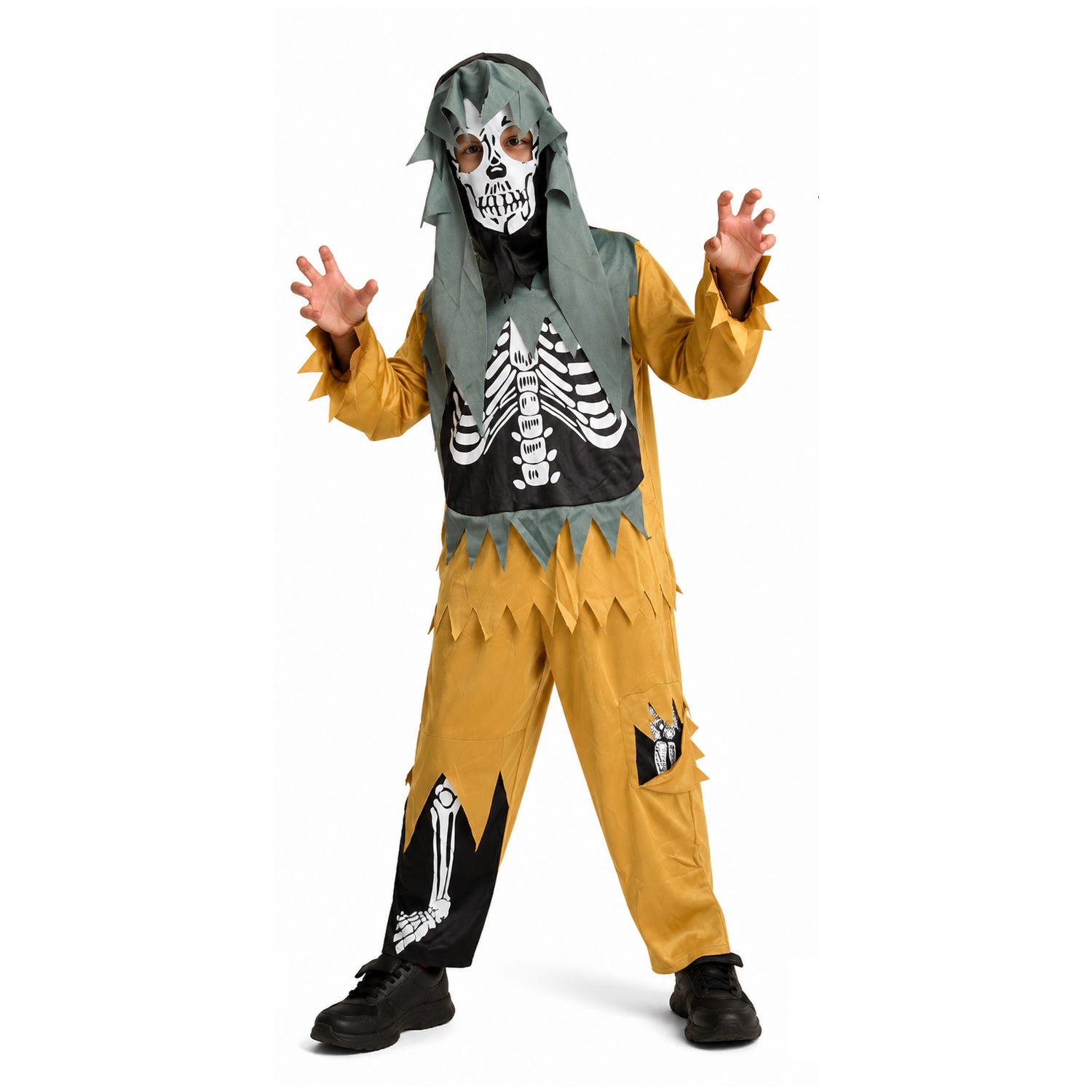 A child modeling a skeleton-themed costume consisting of a hooded mask with a skull face, a black vest with white skeleton print, a yellow jumpsuit with black side panels and white skeleton graphics on the legs, and black shoes, photographed against a plain white background.
