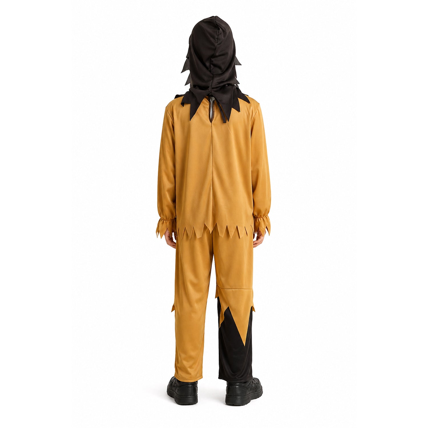 A child shown from the back wearing a costume jumpsuit in mustard yellow with black jagged trim, a black hood with spiky details, and black shoes, photographed on a plain white background.