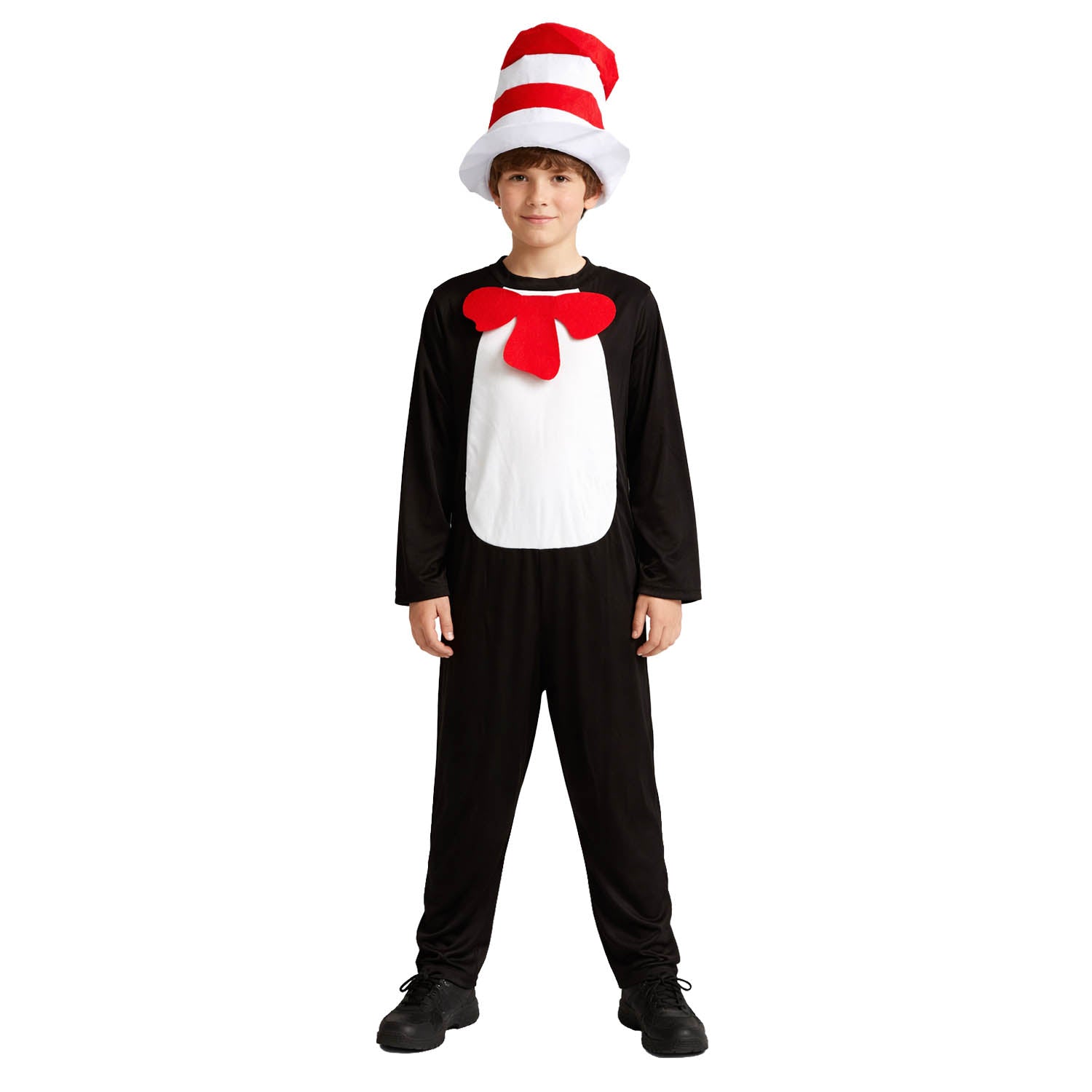 Child boy wearing a cat in the hat inspired costume with black cat jumpsuit, red bow tie and red and white stripe top hat