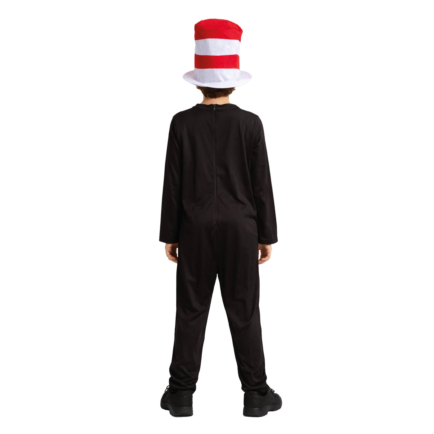 Person wearing a cat in the hat inspired black jumpsuit with a red and white hat on a white background
