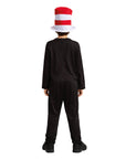 Person wearing a cat in the hat inspired black jumpsuit with a red and white hat on a white background