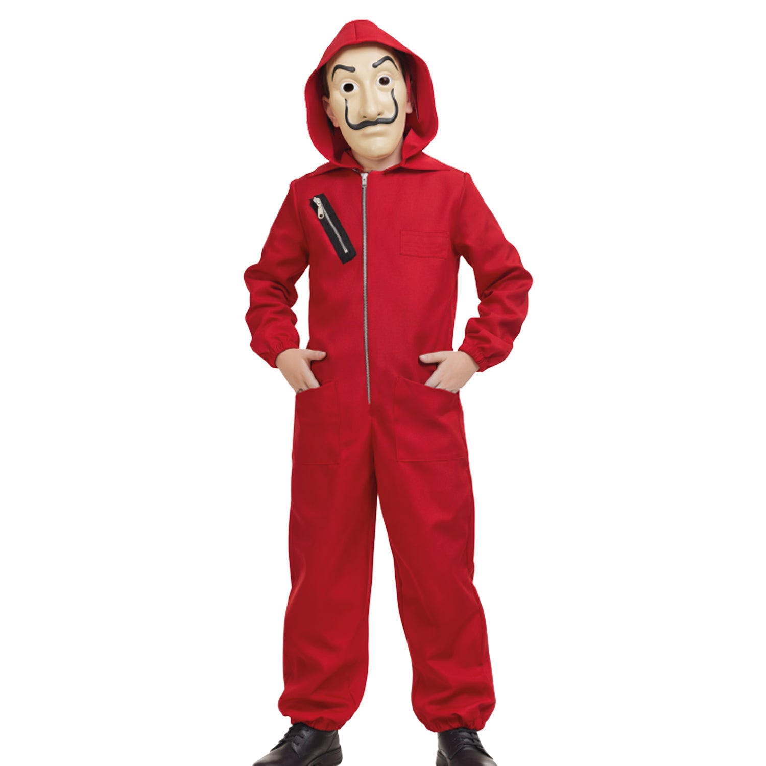 Person wearing a red jumpsuit with a mask on a white background