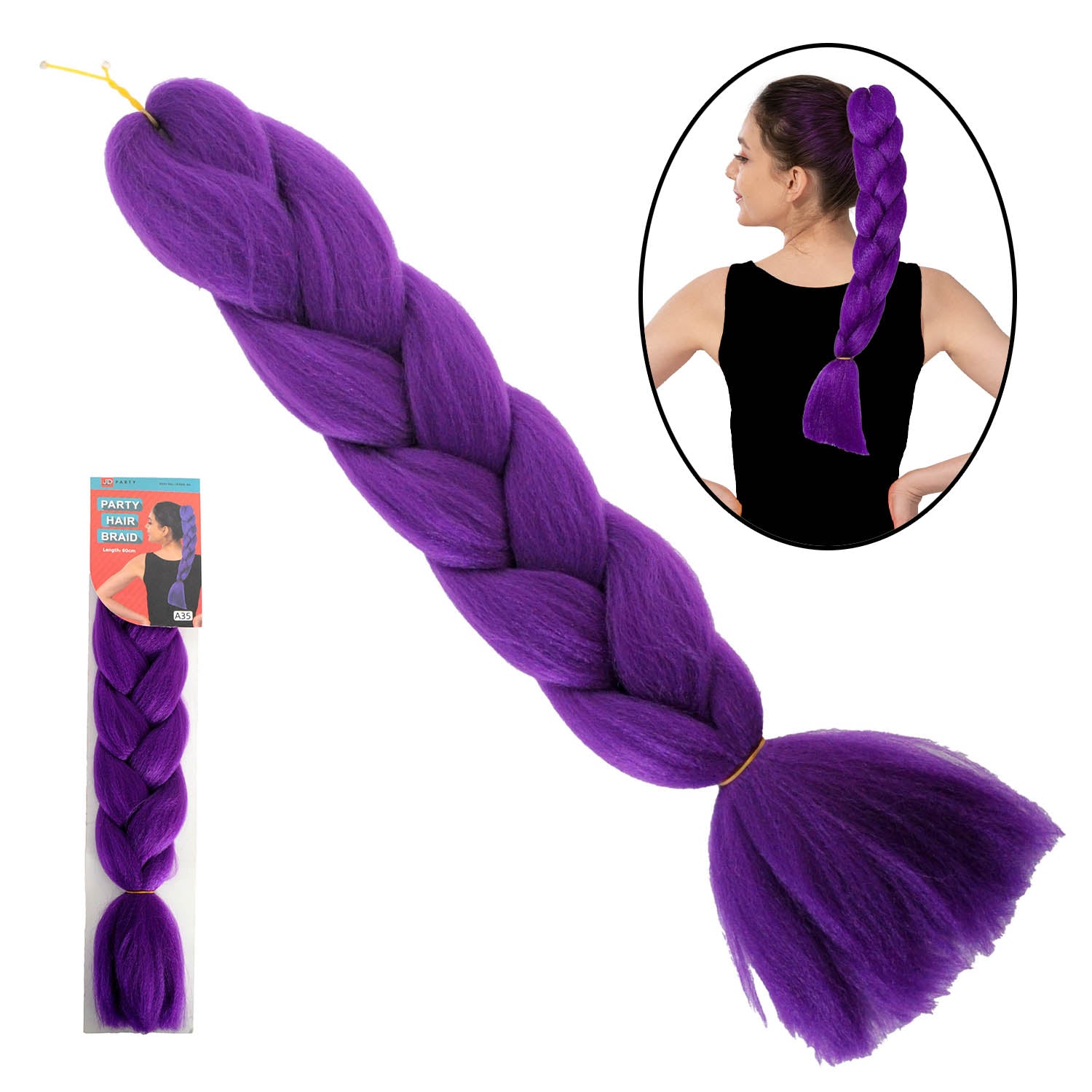 Purple braided hair extension with packaging and a person wearing it.