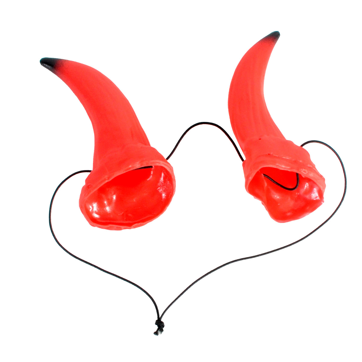 A pair of red devil horn-shaped accessories with black tips and black elastic cords, arranged in a heart shape on a plain white background.