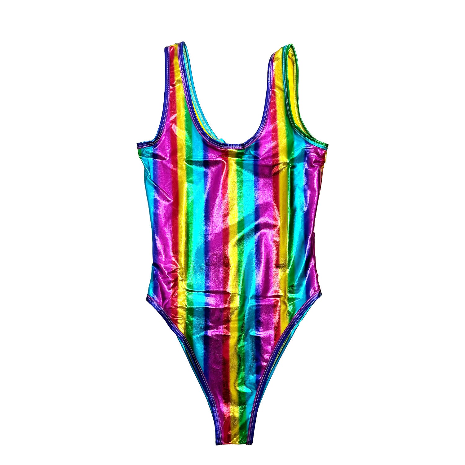 Multicolored leotard with a shiny rainbow finish on a white background