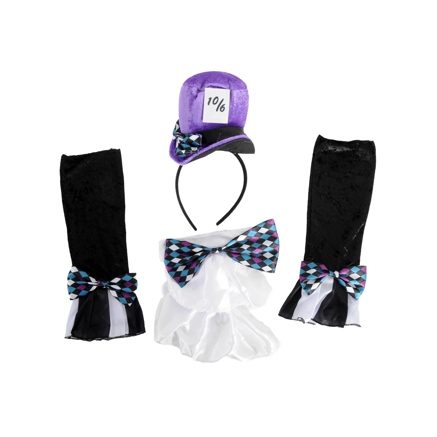 Whimsical accessory set with hat headband, collar ruffle with bow tie, and arm wraps on a white background