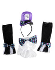 Whimsical accessory set with hat headband, collar ruffle with bow tie, and arm wraps on a white background