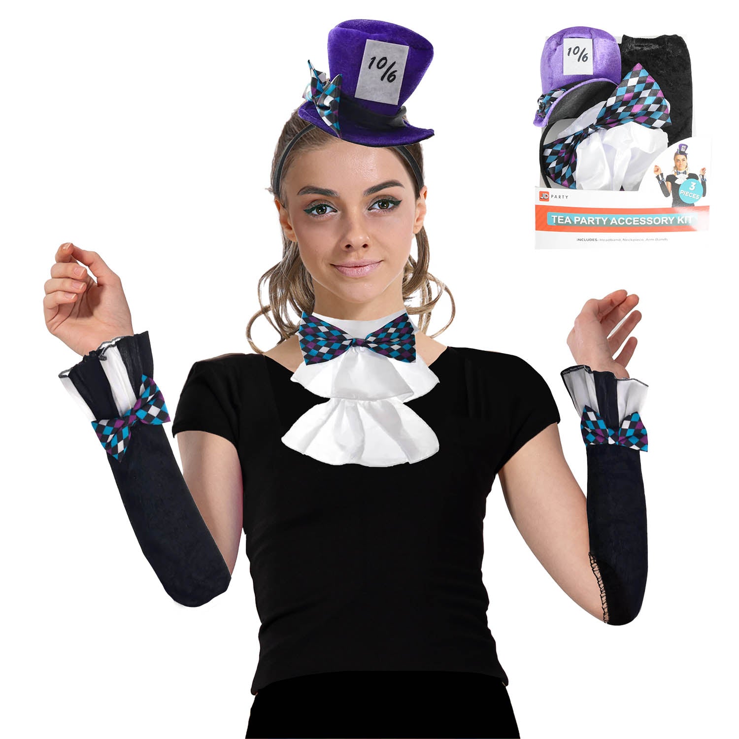 Person wearing a Mad Hatter costume with top hat headband, bow tie with ruffle collar, and arm cuffs on a white background.